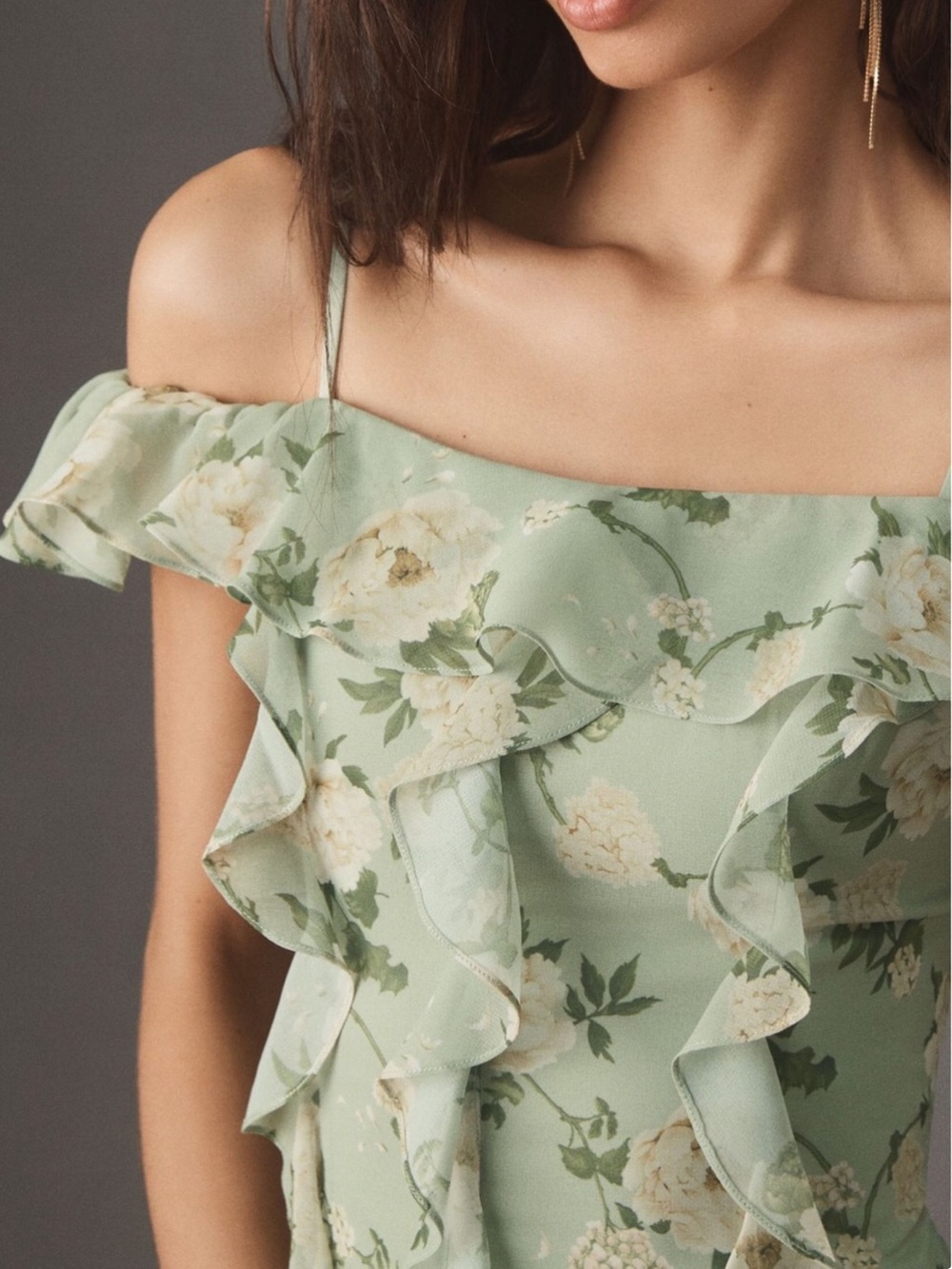 Dreamy Anthropologie BHLDN Off-Shoulder Ruffled Green Chiffon Maxi Dress XXS - Picture 2 of 12